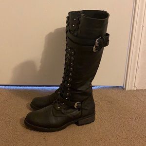 Black Knee-High Lace Up Combat Buckle Strap Boots